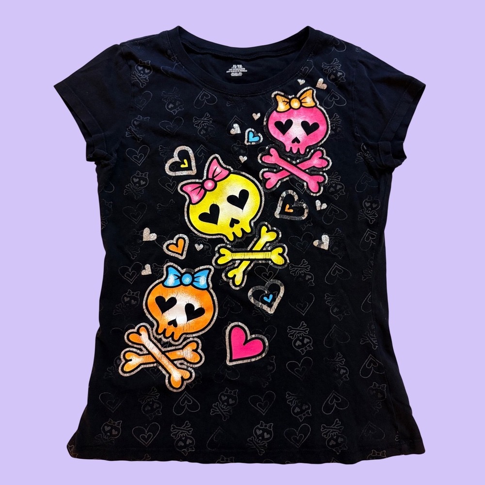 Y2K Skull Heart Graphic Baby Tee Emo Punk Glitter T-Shirt #18